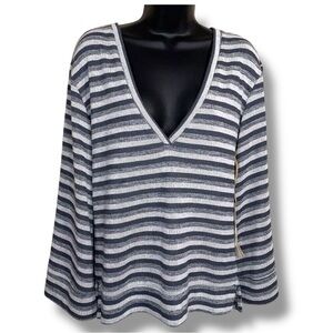 New Small Anama Grey Striped Long Sleeve Plunge Vneck Knit Too Stretch